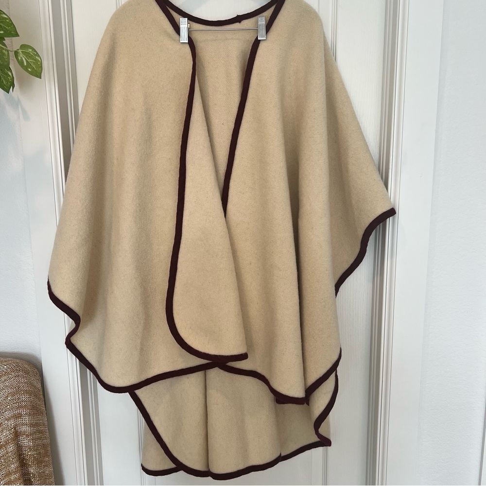 Unisex 100% Wool Poncho Cream W/ Burgundy Trim Luxury Artisan Cape Boho